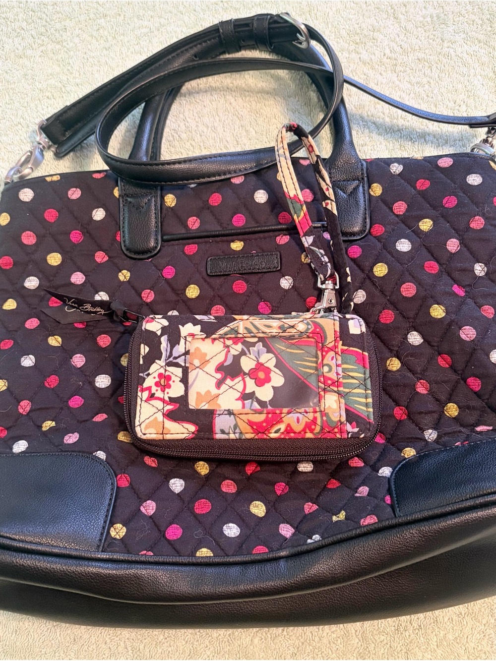 Vera Bradley Quilted Tote Bag & Matching Wallet Wristlet Bundle Black Polka Dot